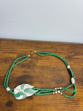 Vintage Green Beaded Necklace w/ Floral Inlay Pendant